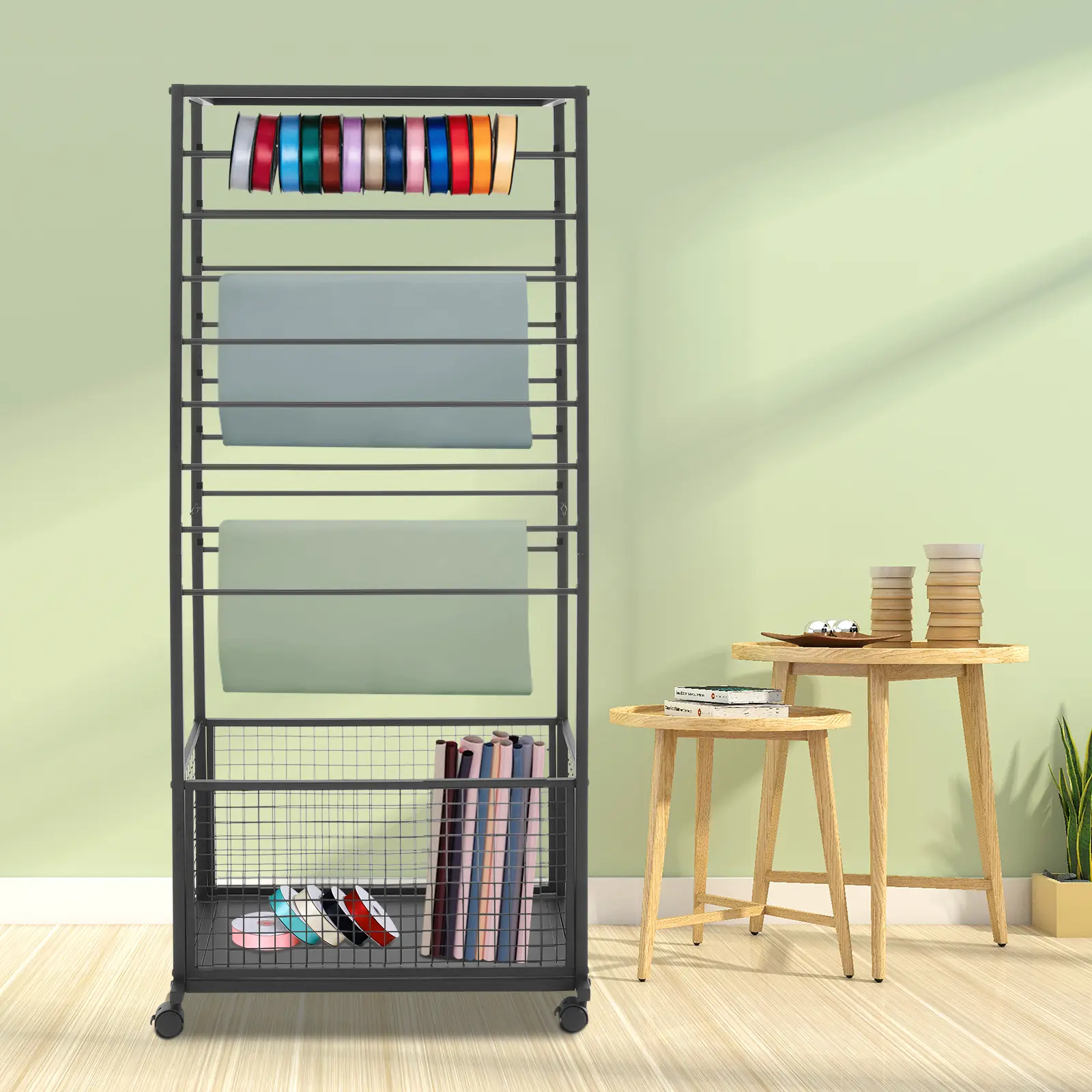 16-Tier Double-Sided Iron Frame Freestanding Storage Rack - Floor Standing Rolling 1 Ribbon Organizer Rack with 4 Lockable Universal Wheels, 50kg Capacity Black Basket Display Container for Fabric Shop, Baking Boxes, Paint