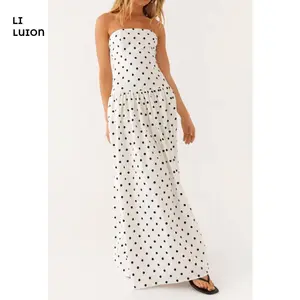 Women White Polkadot Strapless Maxi Dress Flowy Y2k Backless Tube Long Dress Drop Waist Ruched A Line Sundress