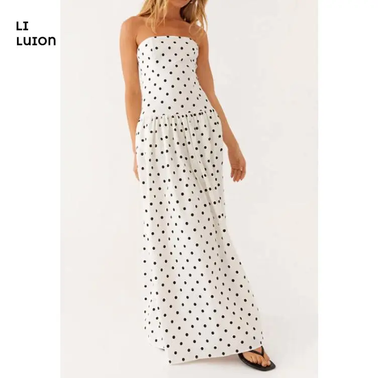 Women White Polkadot Strapless Maxi Dress Flowy Y2k Backless Tube Long Dress Drop Waist Ruched A Line Sundress