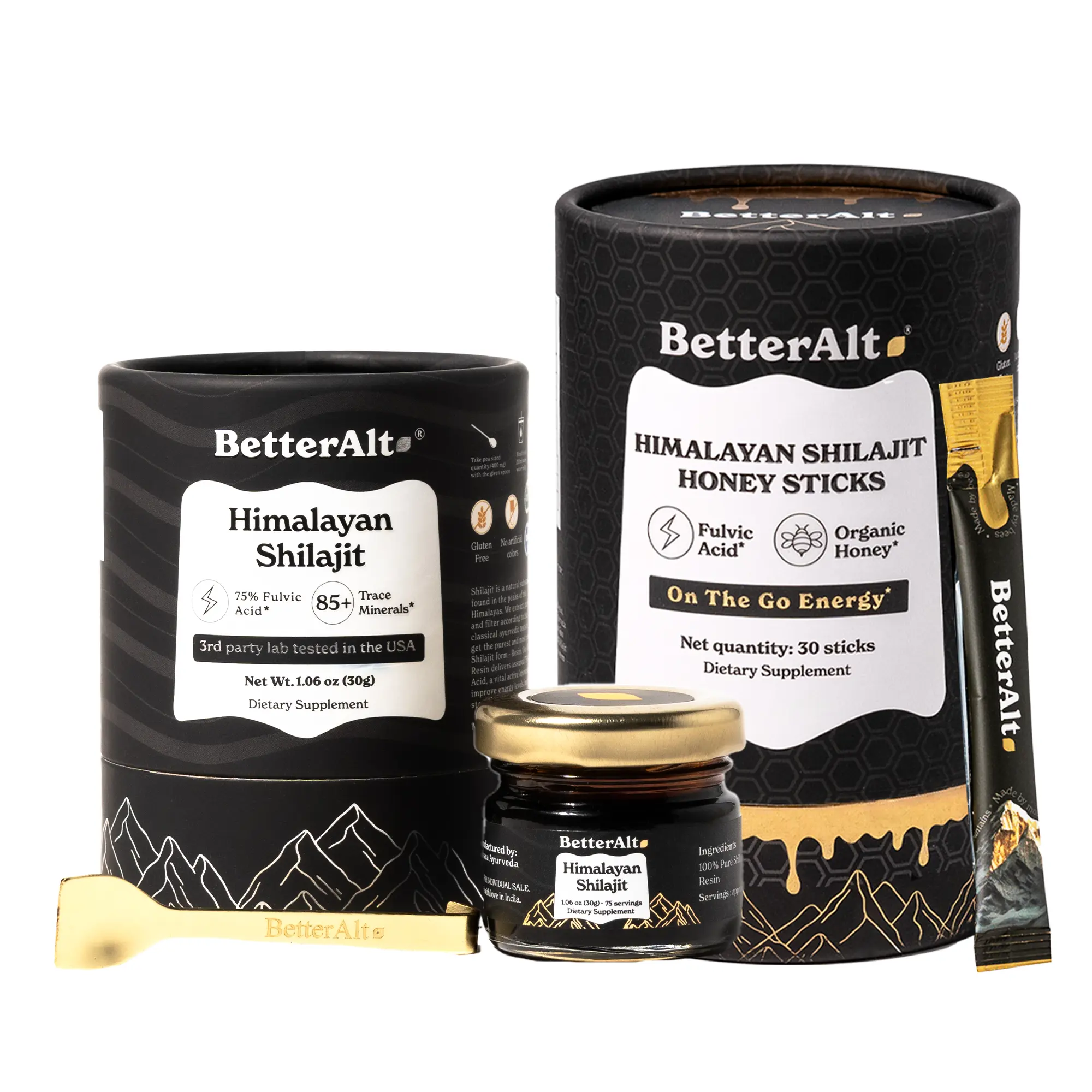 BetterAlt GOLD+ Shilajit Honey Sticks + Pure Himalayan Shilajit Resin | 30 Sticks + 30 gms | 1-Month Pack BetterAlt GOLD+ Shilajit Honey Sticks + Pure Himalayan Shilajit Resin | 30 Sticks + 30 gms | 1-Month Pack