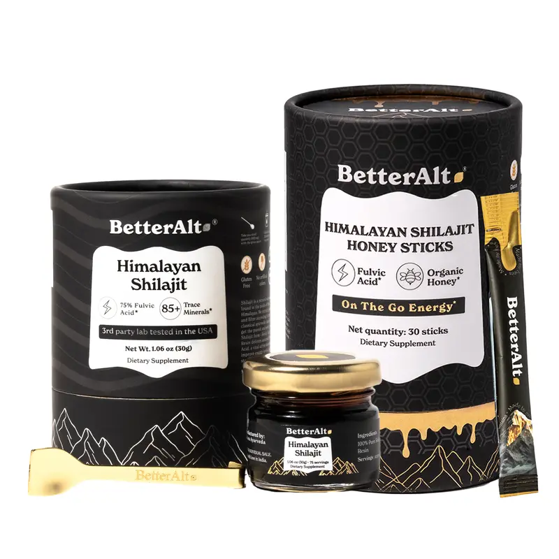 BetterAlt GOLD+ Shilajit Honey Sticks + Pure Himalayan Shilajit Resin | 30 Sticks + 30 gms | 1-Month Pack