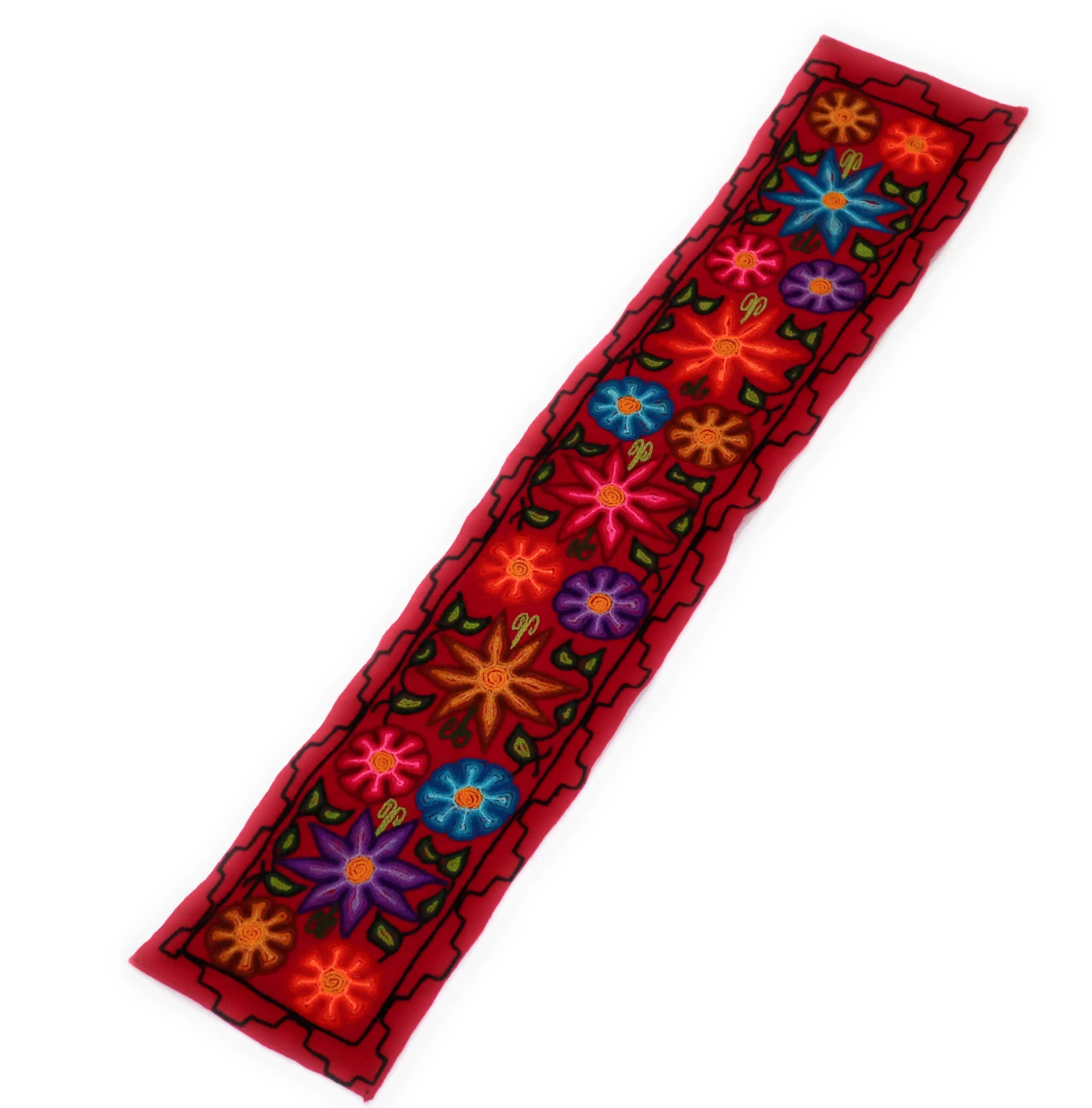 Embroidered Wool Tapestry. Table Runner. Wall Hanging for Bedroom or Living Room, 52.25" L x 9.75" W Red Color.