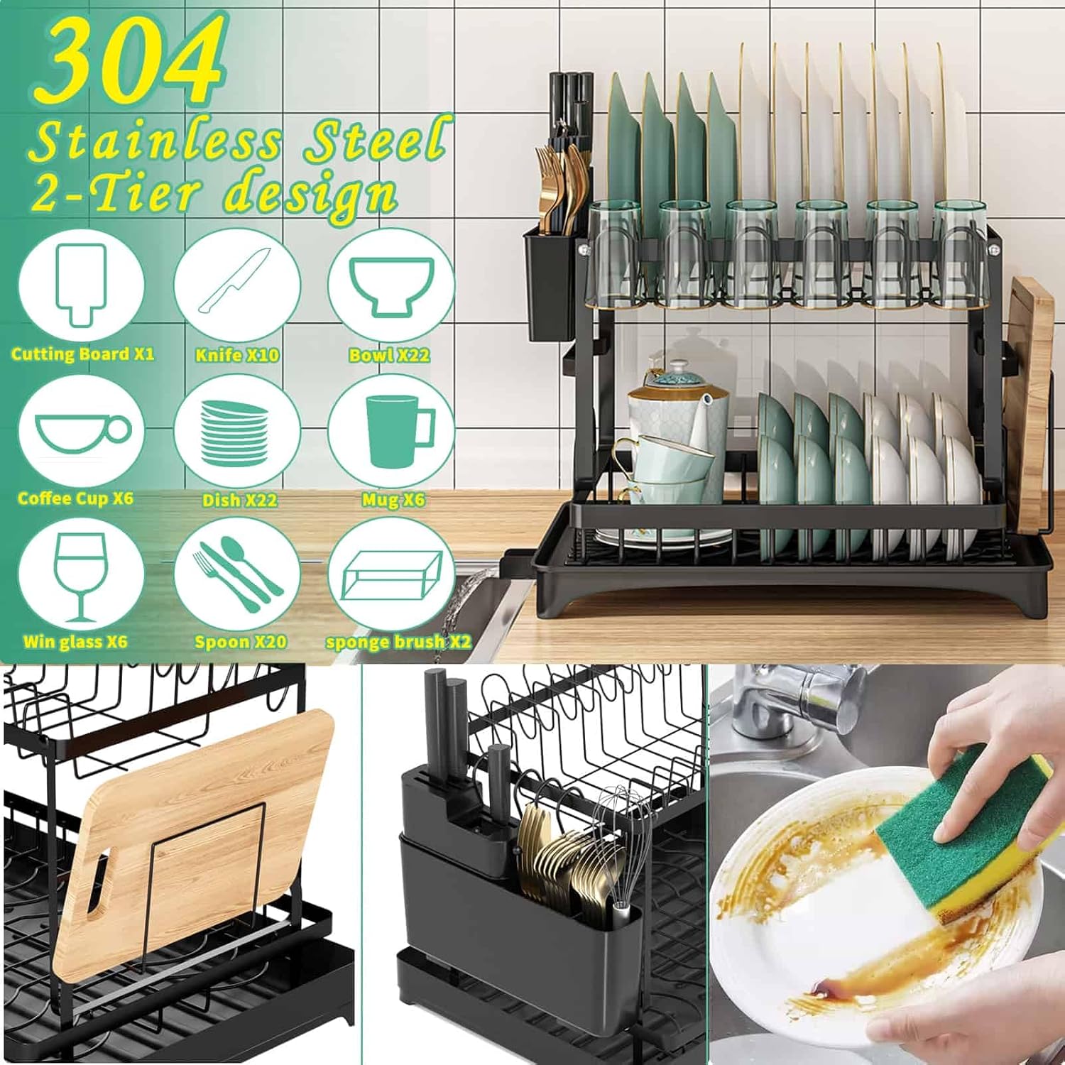 Dish Drying Rack, 2 Tier Large Dish Drying Rack for Kitchen Counter with Drainboard Stainless Steel Dish Drainer for Dish/Knifes/Cup/Cutting Board, Black Dish Drying Rack, 2 Tier Large Dish Drying Rack for Kitchen Counter with Drainboard Stainless Steel Dish Drainer for Dish/Knifes/Cup/Cutting Board, Black