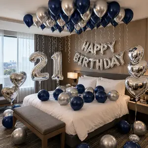 Navy Blue Silver Birthday Balloon Set, Happy Birthday Foil Letter Balloons, Silver Heart Balloons, Latex Party Decorations for Men Women Adults Teens Birthday Room Decor