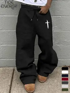 Gothic Street Style Men's Wide Leg Pants, Minimalist Cross Print, Elastic Waist Belted, Urban Casual & Home Wear, Casual Minimalist Trousers, Casual Bottoms