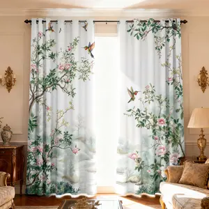 2-piece package of fresh national style, bird, bird, hummingbird, pink flower, landscape, cloud print filter translucent curtains, suitable for machine washable decorative curtains in living rooms, bedrooms, kitchens, etc.
