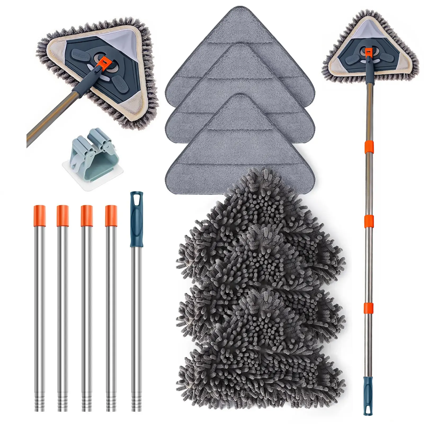 Handle-Mounted Extendable Microfiber Mop with Telescopic Handle, 360° Swivel Head, 6 Reusable Washable Pads, Ceiling Fan Brush Function, Multi-Use Device for Baseboards & Floors (Home Care Cleaner Wand), Handle-Mounted Extendable Mops, Reusable Washable M