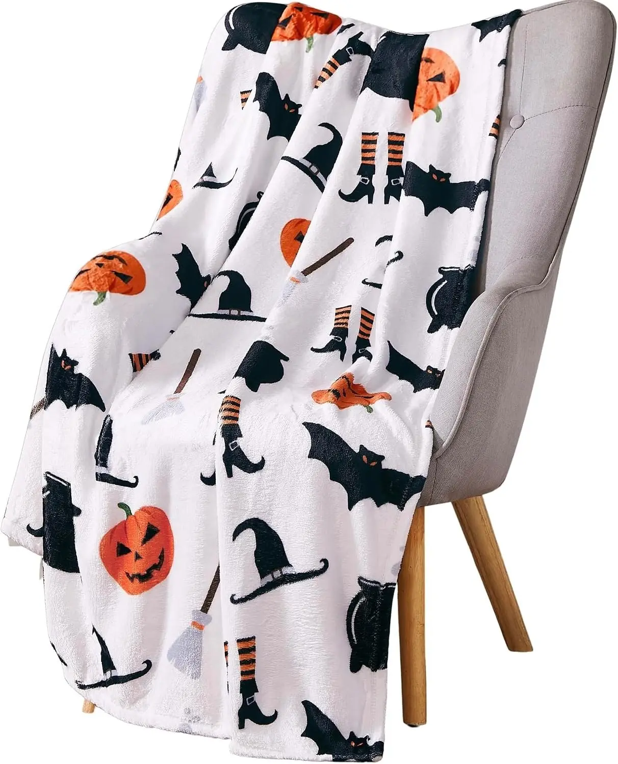 White Base Minimalist Halloween Seamless Fleece Throw Blanket, Flannel Fabric with Repeating Print of Spooky Icons (Jack O' Lantern, Black Bat, Witch Hat, Broom, Cauldron, Striped Witch Boot), Ultra Soft Bedding, Whimsical Home Decor Gift