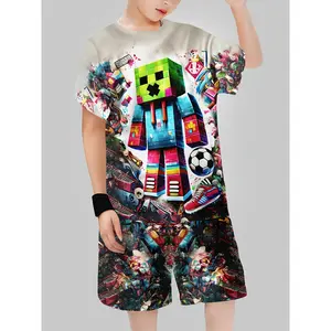 Stylish 3D Printed Casual Outfit for Boys, Featuring a Short-Sleeve Pullover And Shorts, Perfect for Outdoor Activities