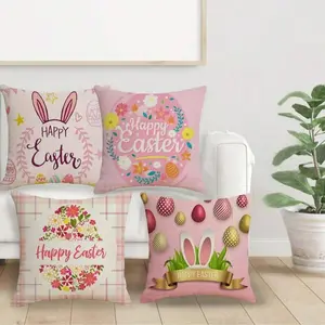 4pcs Easter Pillow Cover, 18 * 18 inches, Truck Cute Rabbit Doll Bow Easter Egg Single sided Printed Cushion Cover, Farmhouse Festival Party Decoration, Zipper, Suitable for Sofa, Bed, Bedroom, Living Room Terrace Decoration (No Pillow Core)