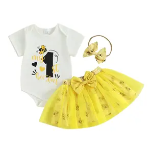 FOCUSNORM 3Pcs Infant Baby Girl 1st Birthday Outfits Bee Letter Print Short Sleeve Romper Bodysuit and Bow Tiered Puffy Hem A-Line Tutu Skirt Tulle Baptism Party Princess Dress