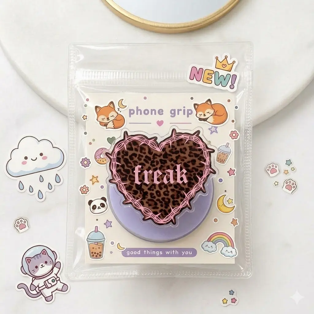 Freak Leopard Heart Phone Grip Holder Cute Edgy Griptok Stand Aesthetic Baddie Y2K Cheetah Print Phone Accessories Gift for Her Women Teen Girls