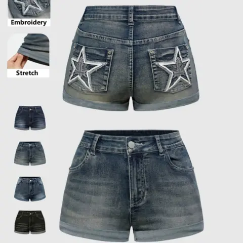 Women's Star Geometric Embroidered High-Waist Stretch Denim Summer Shorts, Aesthetic Street Style Jean Shorts for Outdoor Wear