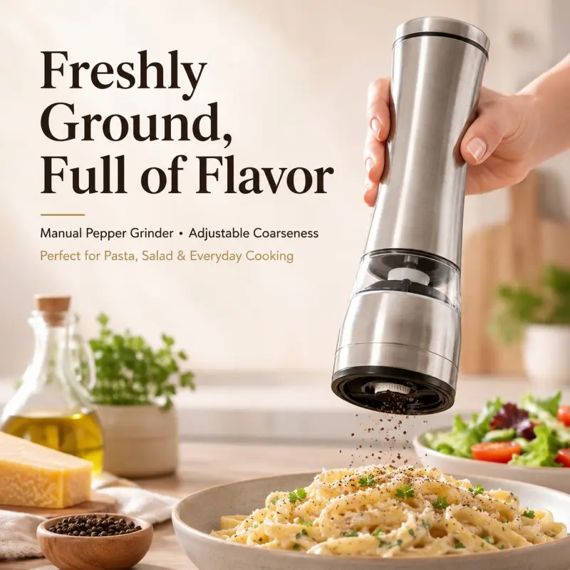 Stainless Steel Manual Pepper Grinder - Modern Kitchen Gadgets with Adjustable Grind Coarse Control, Seasoning Spice Mill for Kitchen Cooking