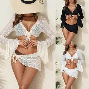 Women's 4 Piece Bikini Set Casual Halter Triangle Swimsuit Set Sheer Knot Bathing Suit Cover Up