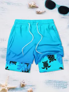 Men's Double-Layer Compressed Shorts, Tropical Turtle Palm Leaf Print, Quick-Dry Beach Shorts, Side Pockets, Summer Casual Running Surf Shorts