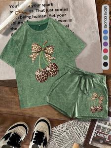 two-piece set women's cherry & letter print tee & shorts, casual round neck short sleeve t-shirt & shorts, ladies two-piece for daily wear, clothes