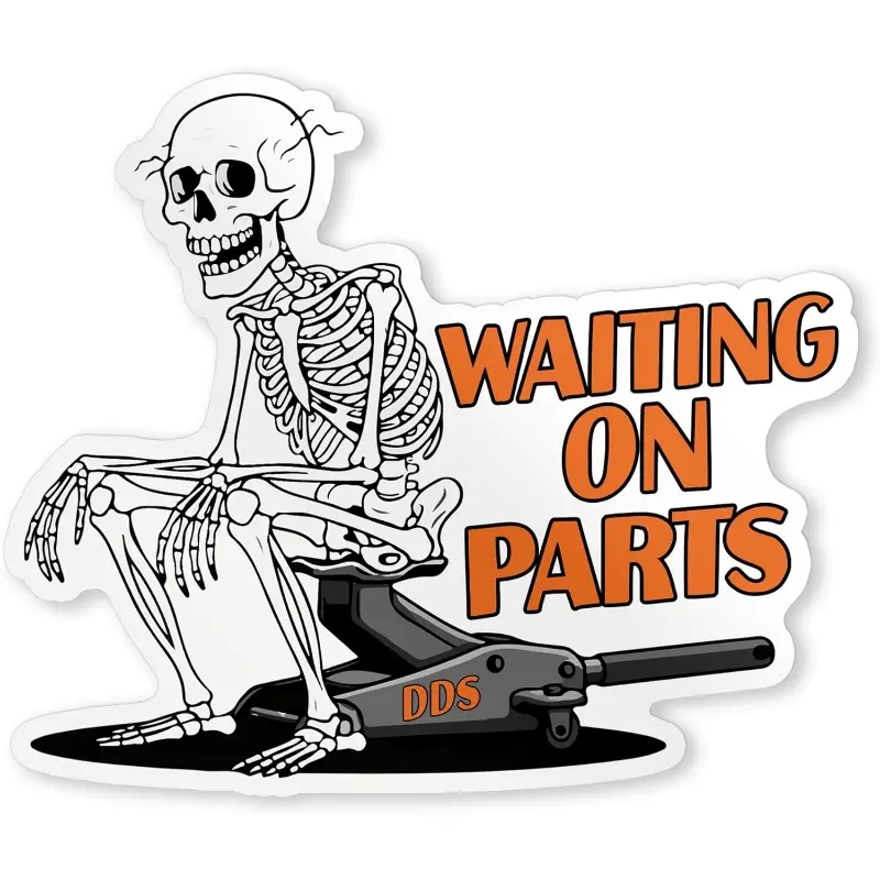 1PC "WAITING ON PARTS Auto Repair Skeleton Jack Logo (Skeleton on Jack Image + 'WAITING ON PARTS' Text + DDS Mark + Black-White-Orange Color Scheme + Auto Repair Whimsical Style)" Minimalist Auto Repair Meme-Style Sticker