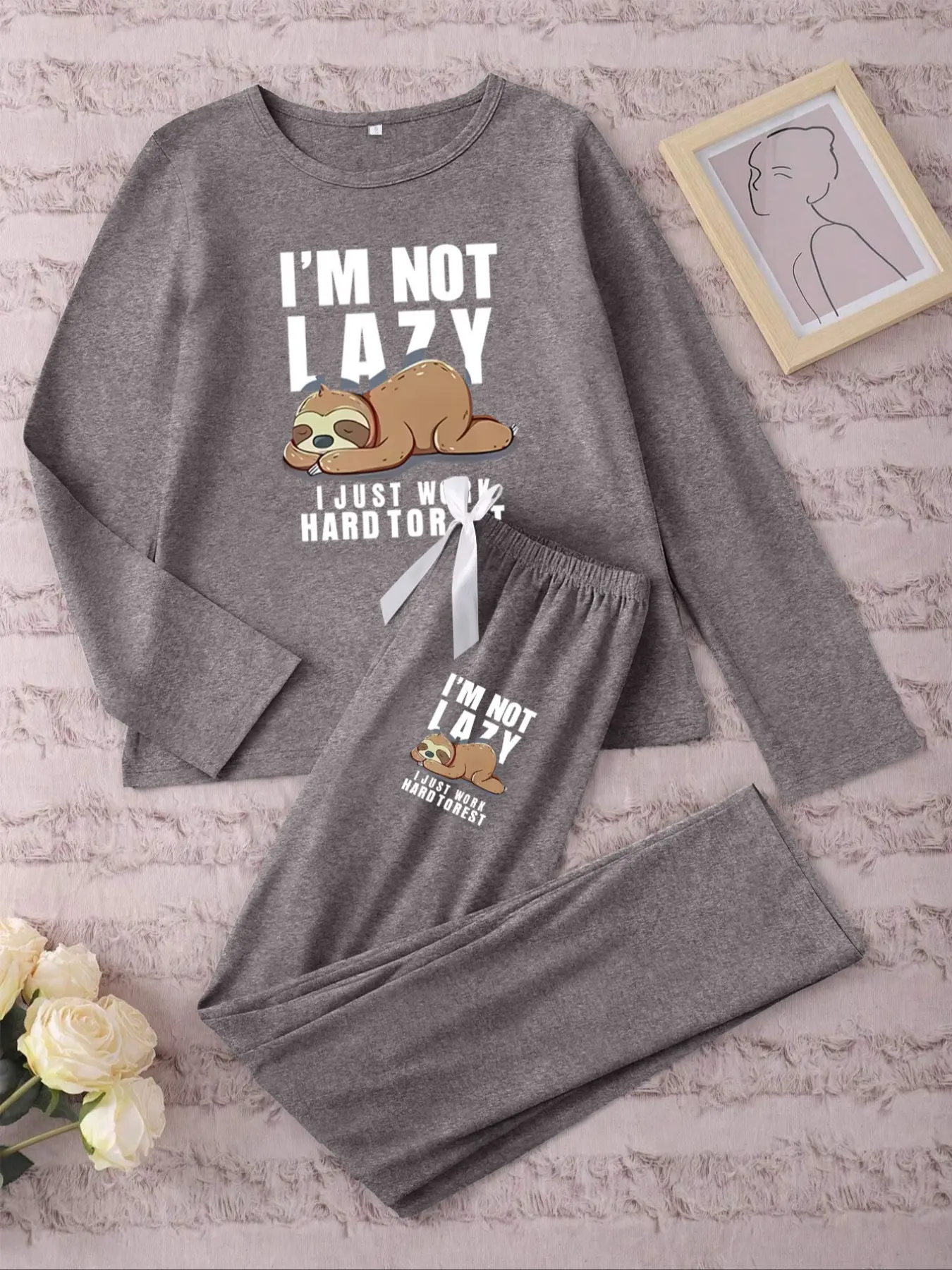 Women's Long Sleeve Pajama Set with Cartoon Sloth Print, Casual Fitted Sleepwear, Cute Loungewear for Spring & Fall, Comfortable Moderate Fabric, Soft Casual Pajamas, Casual Pajamas Outfit, Casual Lounge Sleep, Loungewear Pjs Set