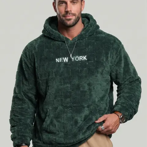 KZZ New York Men's Clothing Flannel Hoodie Sweater - Slip-On Pullover, New York Graphic Design, Stylish Long Sleeves, Textured Fabric, Front Embroidery, Pocket, Loose Fit, No Fuss, Fall Winter Outfits, Christmas Gifts for Him
