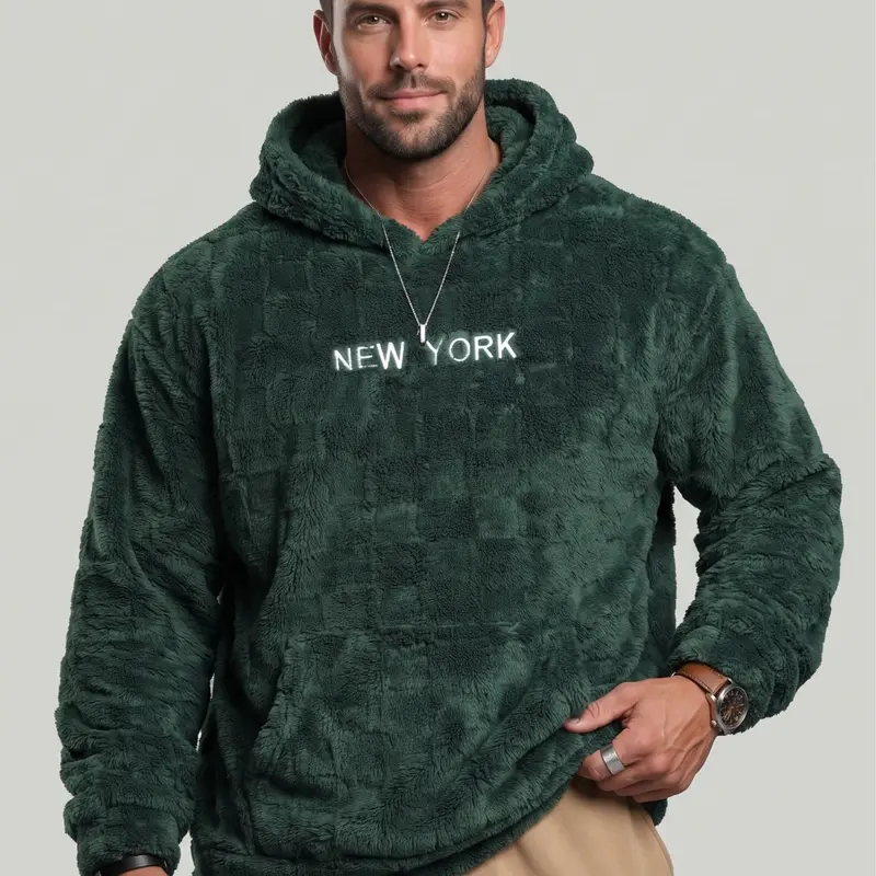 KZZ New York Men's Clothing Flannel Hoodie Sweater - Slip-On Pullover, New York Graphic Design, Stylish Long Sleeves, Textured Fabric, Front Embroidery, Pocket, Loose Fit, No Fuss, Fall Winter Outfits, Christmas Gifts for Him