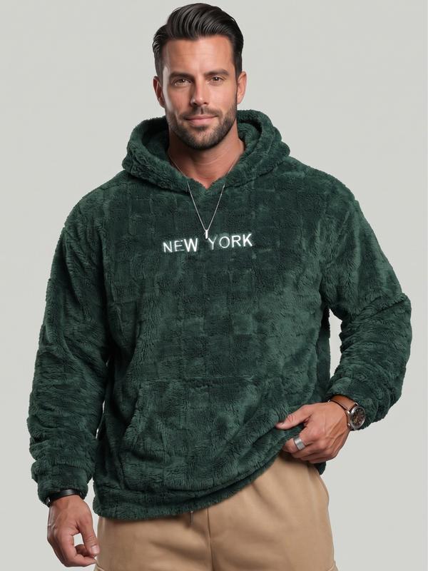 KZZ New York Menswear Cozy Hoodie Sweatshirt - Men's Stylish Long Sleeves Textured Fabric Slip-On Pullover, Front Embroidery Stands Out, Pocket, Loose Fit, No Fuss, Fall Winter Outfits, Christmas Gifts for Him
