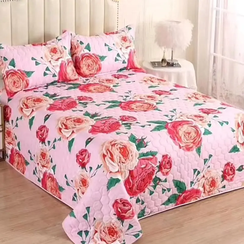 3-Piece Pink Floral Quilt Set - Soft Textured Fabric, Adds Charm, Creates Sweet Bedroom Mood, Ideal for Comfortable Sleep, Pink Floral Adds Charm, Sweet Floral Bedroom Mood