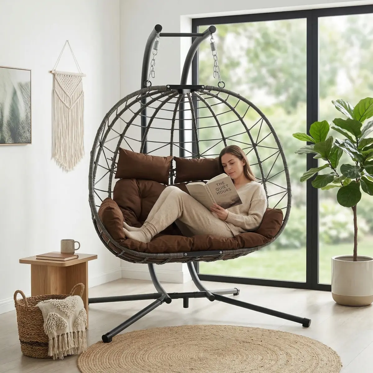 [Bellemave] Double Hanging Egg Chair with Stand| Outdoor Patio Swing Loveseat| PE Rattan & Cushions| Indoor & Outdoor Use