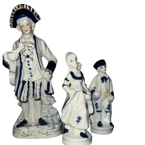 Set Of 3 Blue, White, and Gold Porcelain Figurines