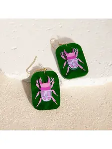 Cute Pink Beetle and Green Leaf Acrylic Pendant Earrings - Women's Lightweight Dangle Earrings, St. Patrick's Day Gift, Beach Party Jewelry, All Year Fashion Accessories, Cute Earrings, Holiday Jewelry