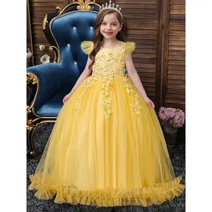 Girls' Elegant Turquoise Princess Dress with Floral Appliqué & Tulle Skirt - Long Formal Party Outfit, Round Neck Belted Waist All-Season Occasion Dress Kids