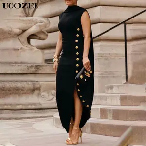 UOOZEE Women's Cotton Casual Wear Maxi Dress, Womenswear with High Neck, Loose Sleeveless Solid Black Summer Dress with Split-Side Shawl Collar and Button Detail