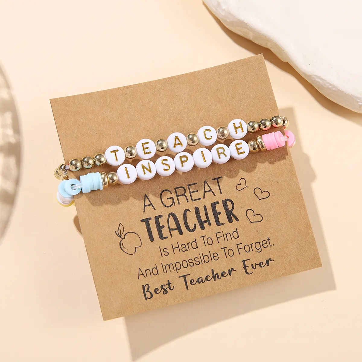 First Day of School Gift for Teachers, TEACH Beaded Bracelet Set with Apple Charm and Positive Message Card, Cute New School Year Present, Classroom Gift and Teacher Jewelry