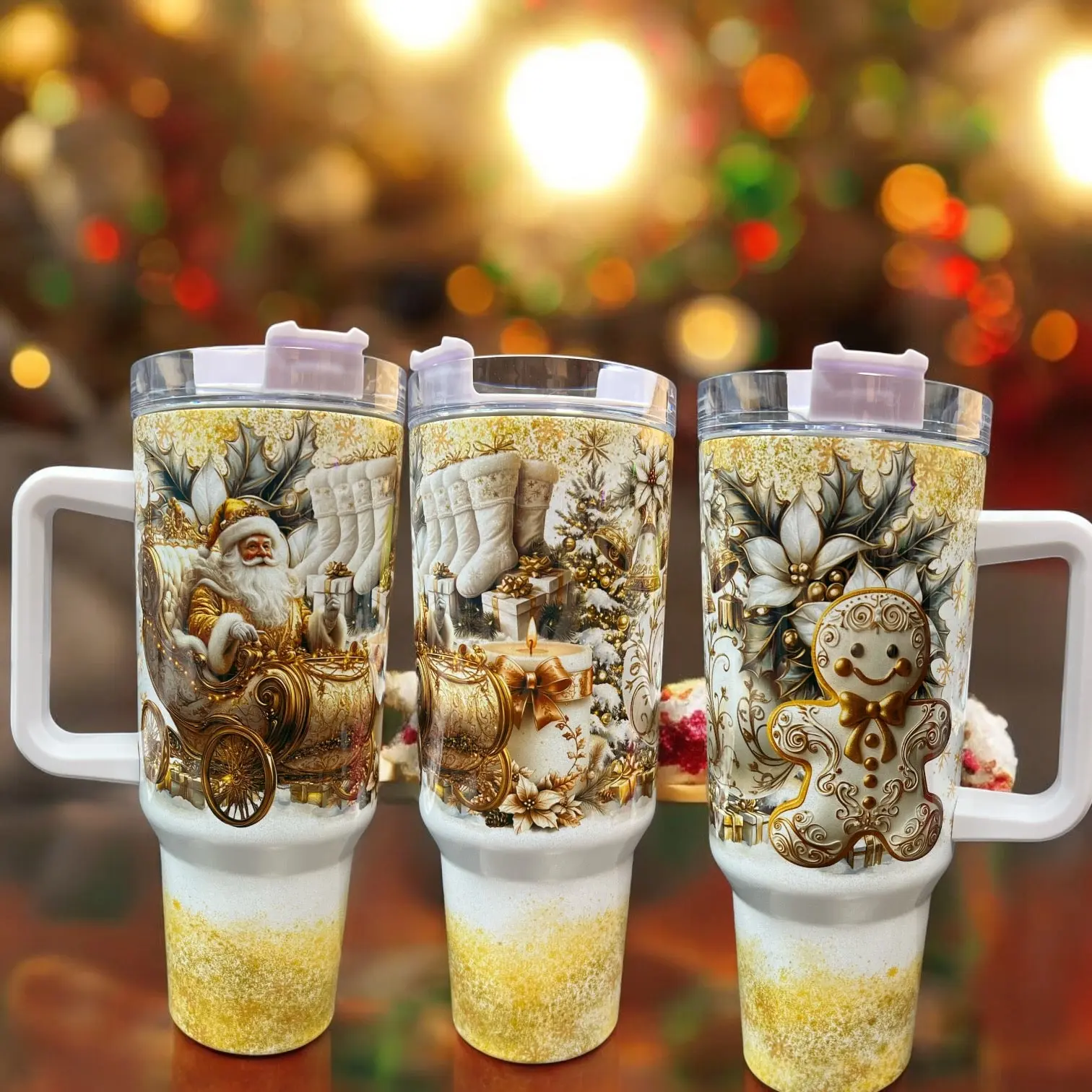 Festive 40oz gold holographic shimmer “Santa”  insulated cup. Perfect holiday gift. Glitter Christmas drinkware for women & men.