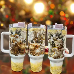 Festive 40oz gold holographic shimmer “Santa”  insulated cup. Perfect holiday gift. Glitter Christmas drinkware for women & men.