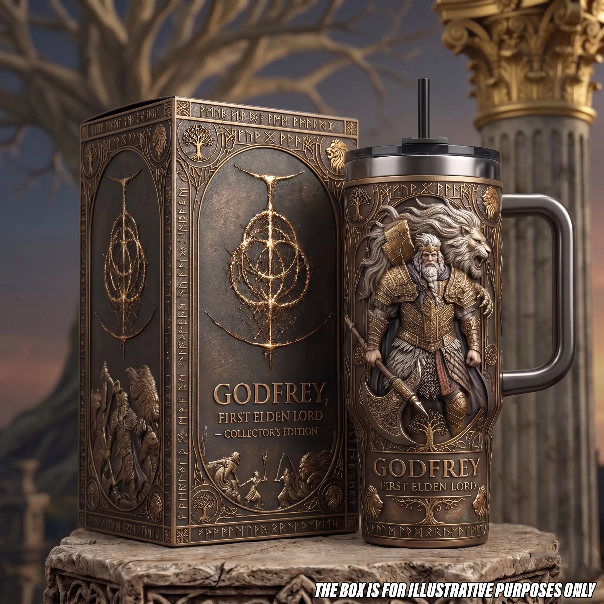 Elden Ring Godfrey Tumbler with Handle, 40oz Insulated Stainless Steel Travel Mug Straw, First Elden Lord Serosh Lion Car Cup, Sci-Fi Dark Fantasy RPG Video Game Gamer Collector Merch Gear Gift Idea Gaming Setup Accessories Men Women
