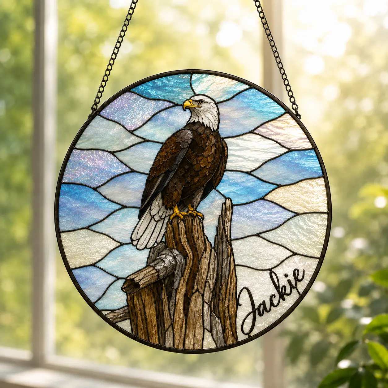 Jackie Bald Eagle Big Bear Lake Memorial Suncatcher Stained Glass Window Hanging Bird Lover Wildlife Tribute Keepsake Decor Gift