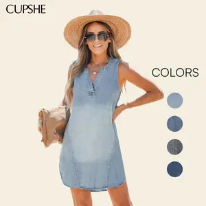 CUPSHE Women's Denim V-Neck Sleeveless Mini Sundress - Women's Clothing, Denim Dresses, Casual Chic Comfortable Basic Style, Birthday Outfit for Vacation & Daily Wear, Light Blue #DealsForYouDays