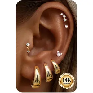 CASSIECA Women's 7-Pair Earring Stacking Set, Hypoallergenic Surgical Steel Small Chunky Huggie Hoop Earrings & Flat Back Studs, Metal Coating Female Daily Cartilage Jewelry, Trendy Christmas Gift Summervibes