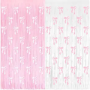 4 Pack  Bow Party Backdrop Decoration  Bow Foil Fringe Curtains for Girls Bow Birthday  Shower Decorations Bridal Shower Bachelorette Party Decor Supplies 3.2ft X 8.2ft
