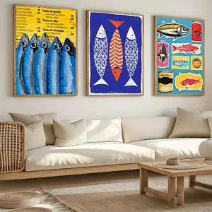 2D Flat 3pcs Retro Ocean Animal Canvas Art Set - Colorful Sardines and Lobster Posters, Suitable for Living Room, Home Living Room Bedroom Bar Aesthetic Decoration