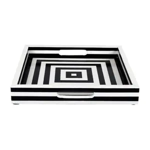 HANDICRAFTS HOME Concentric Art Inspired Decorative Trays, Tray for Living Room, Breakfast Tray & Bed Tray Decor, 12"X 12", Black & White
