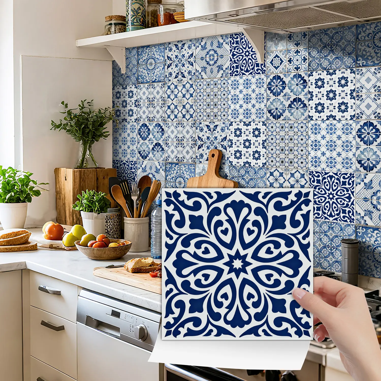 24Pcs Bohemian Aesthetics Stickable Ceramic Tiles - Blue And White Flower Wall Stickers, Suitable For Kitchen Splash Walls, Ultimate Art Decoration, Home Decor