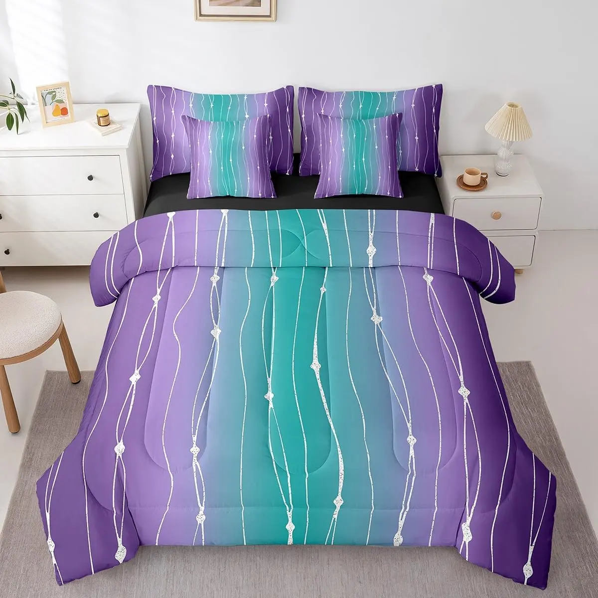 Teal and Purple Gradient Comforter Set,7-Piece Watercolor Ombre Bedding Comforter Sets,Abstract Aesthetic Bed in a Bag,Wave Line and Dots Bedding Set,Bed Sheets Set,Bedroom Decor