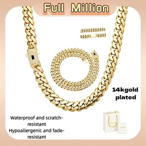 14K gold-plated necklace, 14K gold electroplating, thick stainless steel chain, water-resistant,scratch-resistant,rust-proof,and hypoallergenic,set with diamonds and cubic zirconia,Cuban chain,perfect as a gift or for couples to wear together.Black Friday