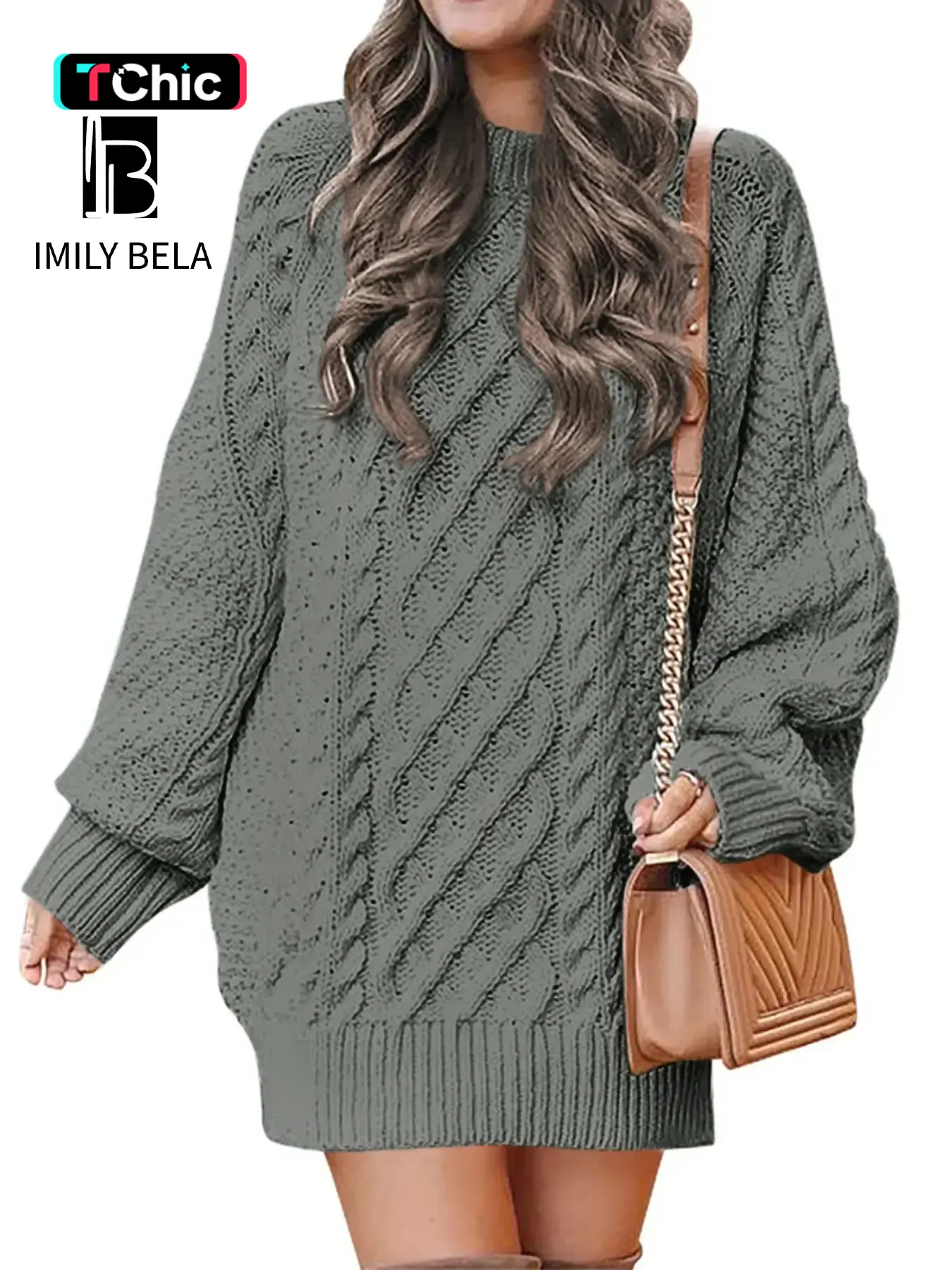 Women's Plain Round Neck Raglan Sleeve Sweater Dress, Fashion Casual Long Sleeve Cable Knit Dress for Fall & Winter, Women's Knitwear for Daily Wear