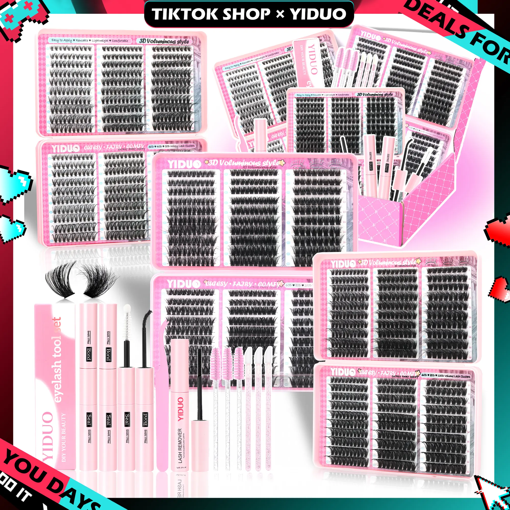 YIDUO 1560pcs Lash Clusters Extension Kit – 9 Styles (30D/40D/50D/60D/80D/100D/150D/200D/300D), Mixed Fluffy Individual Lashes with Lash Book, Multi-Volume & High Cost-Effectiveness, Includes Bond & Seal, Beginners & Professionals Cosmetic DealsforYouDays
