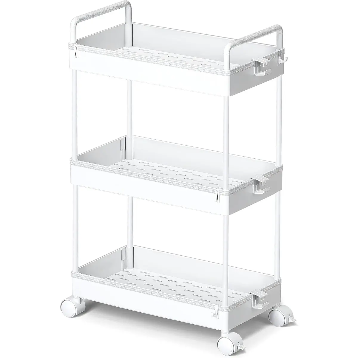 3 Tier Slim Rolling Storage Cart with Wheels, Plastic Utility Cart Organizer for Snack, Craft, Art, Postpartum, Baby Diaper, Nail, Makeup in Bathroom, Laundry Room, Kitchen, Bedside Narrow Space, White