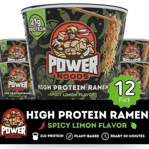 Power Noods High Protein Ramen Noodles - 12 or 6 Pack | Protein Ramen Cups for Lunch or Dinner | Better for You Plant-Based Instant Meal | Spicy Limon
