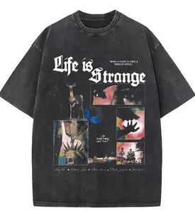 Men's round neck casual washed T-shirt, made of pure cotton, printed with Life is Strange pattern and text, comfortable all year round, 100% pure cotton, fashionable anime cartoon peripheral.